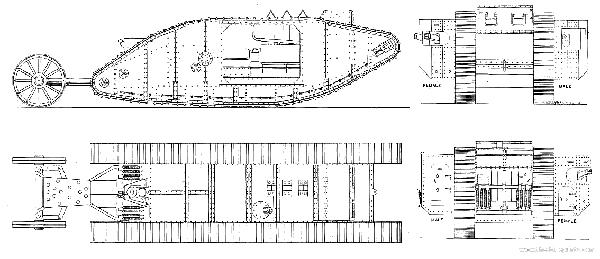 Mk.I 전차의 4면도. 뒤에 달린 바퀴는 방향전환을 돕기 위한 것이다. 필자제공