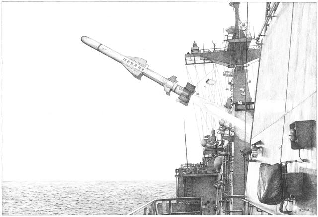 한국형구축함(DDH-Ⅱ)에서 발사되는 국산함대함 유도탄 해성. 그림=안종찬 한국영상대
학교 만화콘텐츠과 교수