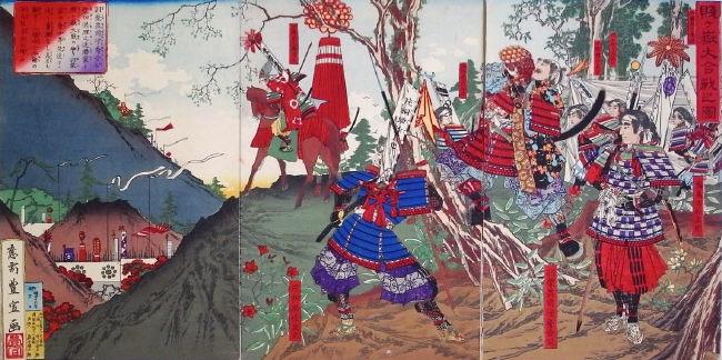 도요토미 히데요시 부대가 삼각 주먹밥을 먹으면서 50㎞ 거리를 다섯 시간에 주파해 승리한 시즈가다케 전투.