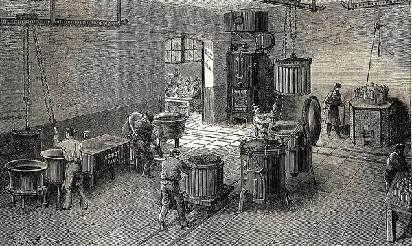 초기의 통조림 생산공장 판화 1898년 작 출처:위키피디아