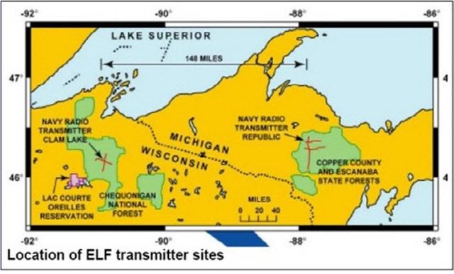 미국 동부 5대호 중 하나인 슈피리어 호반에 위치한 길이 148마일(약 274㎞)의 ELF 안테나를 표시한 지도.