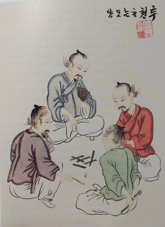 1895년 미국인의 저서 ‘조선의 게임’에 수록된 지패(투전) 놀이 그림. 필자 제공