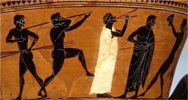 아울로스 연주에 맞춰 5종경기를 하는 장면.