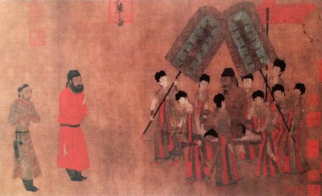 티베트 사신을 맞는 당 태종.  북경고궁박물관 소장
