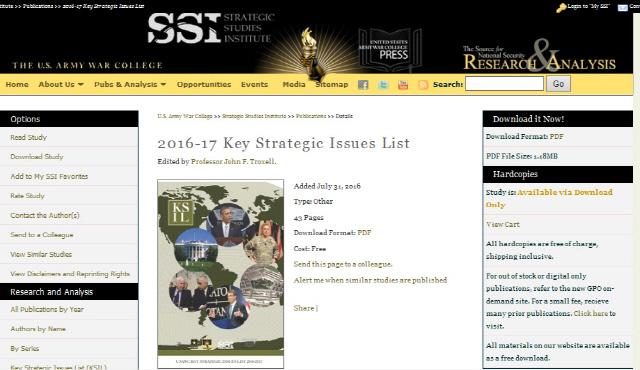 미 전쟁대학 전략연구소의 홈페이지. 2016~17년 전략이슈 항목을  포함한 다양한 정보를 소개하고 있다.  필자 제공