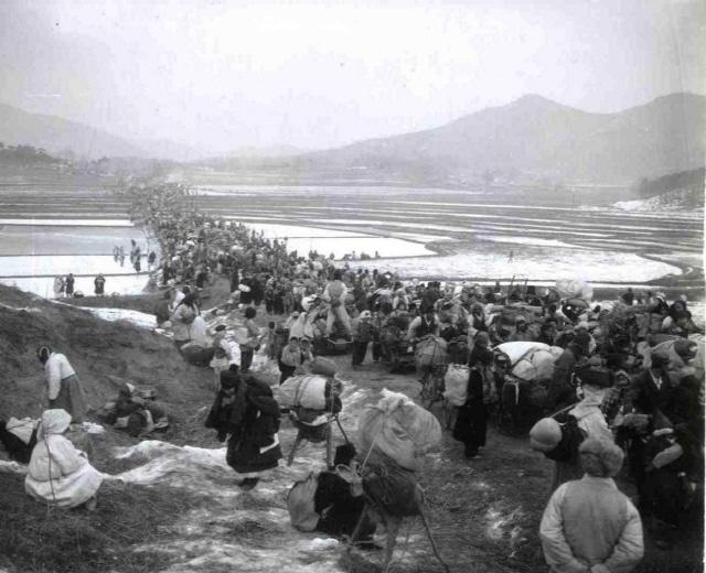 1951년 1월 5일, 서울을 등지고 남쪽으로 뻗친 1·4후퇴 피난민 대열.  연합뉴스