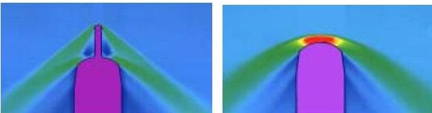 반구면의 항력(오른쪽)은 매우 높게 나타나기 때문에 노즈부를 뾰족한 형태(왼쪽 이미지는 스파이크형)로 하는 등의 항력 감쇠 디자인이 필요하다. 이미지 = 국방과학연구소.  