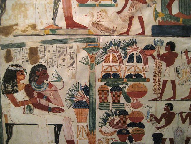 신왕조 시대의 이집트 벽화. 인물들의 얼굴은 옆을 향하고 있지만 시선과 몸통은 정면을 향하고 있다. 반면 오리의 경우 자연스러운 옆모습을 담고 있다.
