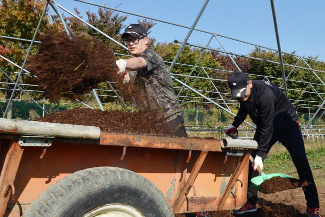 공군군수사령부가 지난 4일부터 13일까지 부대 인근 농가에서 일손 돕기 행사를 실시하고 있는 가운데 대민지원에 나선 장병들이 퇴비 적재를 돕고 있다.  부대 제공
