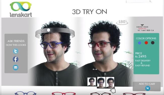 렌즈카트의 3D TRY ON 서비스. 렌즈카드 웹사이트에 들어가거나 앱을 켜고 시작 버튼을 누르면, 렌즈카트의 3D 얼굴 측정기술이 얼굴을 인식한 뒤 자동으로 얼굴에 맞는 안경들을 추천해 준다.      렌즈카트 웹사이트 캡처