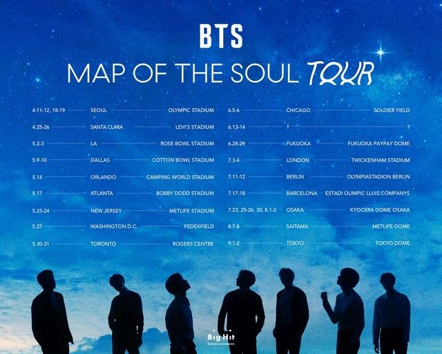빅히트엔터테인먼트가 공식 SNS에 게재한 방탄소년단의 월드투어 ‘BTS 맵 오브 더 솔 투어’(BTS MAP OF THE SOUL TOUR) 일정이 담긴 포스터. 사진=빅히트엔터테인먼트.