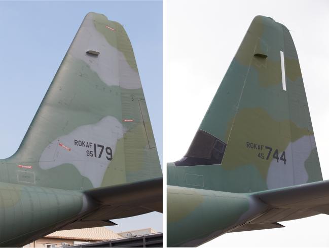 <strong>DEICING BOOT </strong>수직꼬리날개 앞에 얼음이 형성될 경우 검은색 부츠 부분이 부풀어서 제거해주는 장치.왼쪽 사진은 C-130H형이며 오른쪽이 장치가 장착된 C-130J형이다.