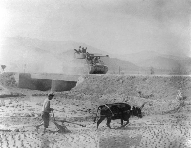 논을 갈고 있는 농부 옆을 지나고 있는 유엔군 전차. 1950년 10월. 