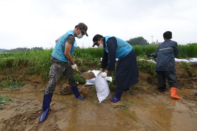 공군19전투비행단 장병들이 4일 집중호우로 큰 피해를 본 충북 충주시 엄정면의 농가를 찾아 급격히 불어난 물로 붕괴한 논둑 보강 작업을 하고 있다. 군은 이날 지방자치단체 요청에 따라 장병 500여 명과 장비 20여 대를 각 지역에 투입해 대민지원작전을 전개했다.  조용학 기자