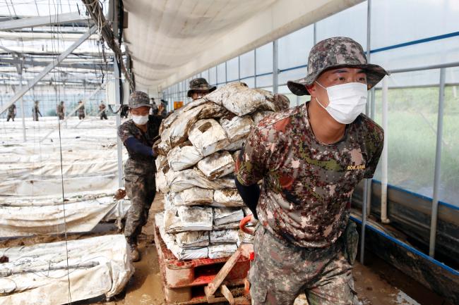 육군55사단 장병들이 12일 경기도 안성 일죽면에서 비닐하우스 내부 토사정리 등 수해복구 대민지원을 하고 있다.  부대 제공