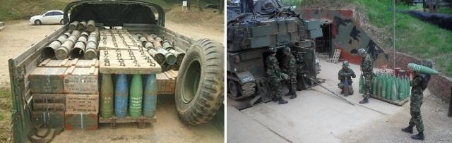 기존 5톤트럭 탄약차에 탄약을 적재한 모습(왼쪽)과 자주포에 병사가 직접 탄약을 운반해 적재하는 모습(오른쪽). 사진 = 방위사업청
