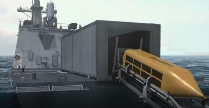 운용 후 모선인 함정에 회수되고 있는 대잠전용 무인잠수정의 형상CG. 국방과학연구소 영상 캡처
