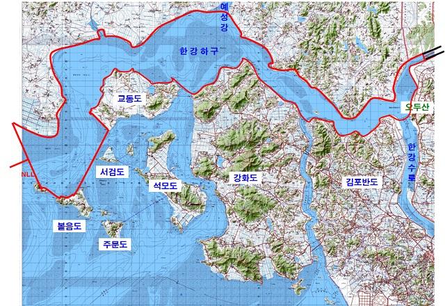 붉은색 선으로 표시된 부분이 정전협정상의 '한강하구'이다. 출처 = 국방부