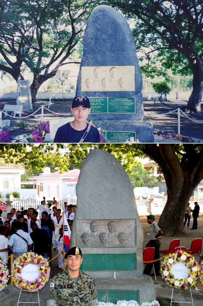 
전우를 가슴에 묻고

상단 사진 : 2002년 상록수부대 소속으로 동티모르 오에쿠시에서 근무했던 김동연 중위가 2003년 4월 26일, 순직한 전우들을 기리는 추모탑 앞에서 침통한 표정으로 기념사진을 찍고 있다. 김 중위는 촬영 직후 전우들을 가슴에 묻고 귀국했다. 

하단 사진 : 2019년 국방대표단으로 다시 오에쿠시를 찾은 김 중령(진)이 지난 6일 16년 만에 같은 장소에서 다시 한번 사진을 찍었다. 김 중령(진)은 아직 시신을 찾지 못한 고(故) 김정중 병장의 모습이 여전히 그립다고 말했다. 오에쿠시=조종원 기자
