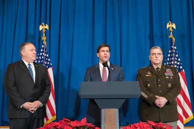 Secretary of Defense Mark Esper is joined by Secretary of State Mike Pompeo, left, and Chairman of the Joint Chiefs of Staff Gen. Mark A. Milley, as he addresses reporters Sunday, Dec. 29, 2019, at Mar-a-Lago in Palm Beach, Fla., about the U.S. military defensive strikes against Iranian supported militias in Iraq and Syria. 
* 출처 : U.S. federal government