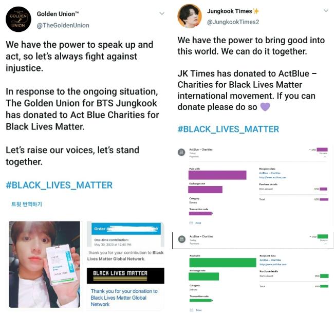 그룹 BTS가 BLM(Black Lives Matter·흑인의 목숨도 소중하다) 운동 동참을 밝힌 가운데, 정국의 해외 팬베이스 연합 ‘골든 유니온(Golden Union)’도 트위터 계정을 통해 ‘BLM’ 운동을 위한 단체에 ‘BTS Jungkook’ 이름으로 기부했다고 밝혔다.