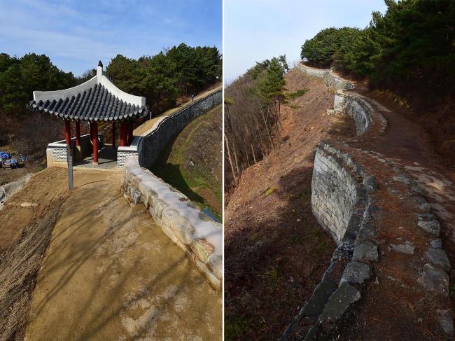 ■ 멀리 이어진 성벽에 동문이 성벽 안쪽에 자리잡고 있다(왼) ■ 서문부근에서 남문으로 구불구불 이어지는 성벽길(오)
