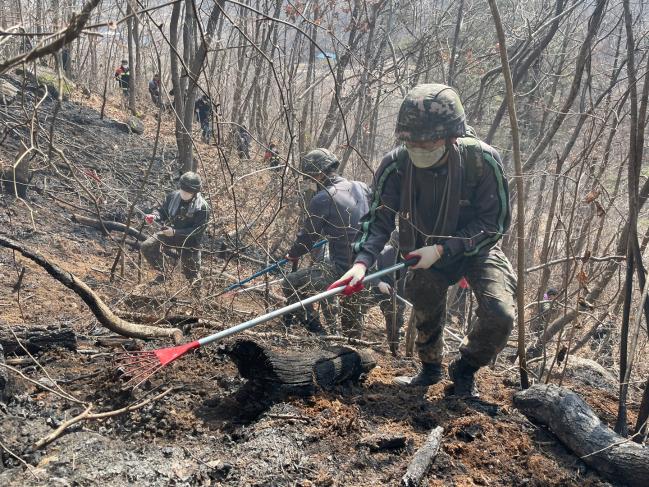 육군37사단 영동대대 장병들이 충북 영동군 매곡면 야산 일대 산불 현장에 투입돼 진화작전을 펼치고 있다.  부대 제공