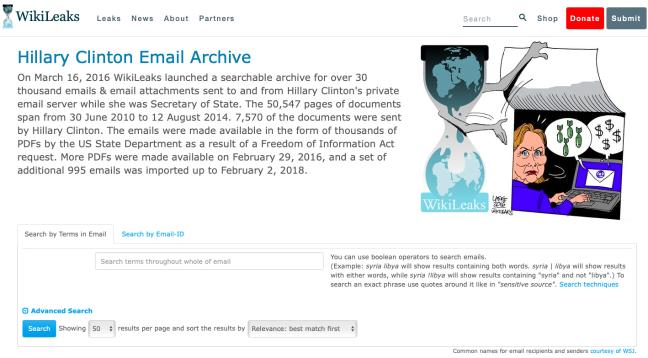 위키리크스에 여전히 공개되어 있는 힐러리 클린턴 이메일 아카이브. 사진 출처=위키리크스