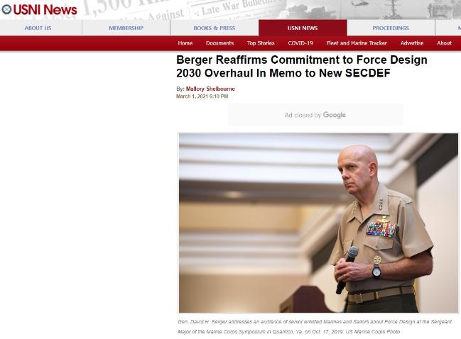 美 해병대 사령관 데이비드 버거  대장이 신임 국방부 장관에 『2030 미 해병대 개혁(Force Design 2030)』의 지속적인 추진을 재확인하였다는 3월 1일자 미 해군연구소 뉴스. 사진은 인터넷판 캡처.

