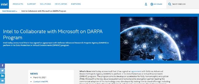 지난 3월 9일 인텔은 가상환경 데이터 보호(DPRIVE, Data Protection in Virtual Environment) 프로그램 협력을 위해 DARPA, 마이크로소프트와 업무협약을 체결했다고 밝혔다. 사진 = 인텔 뉴스룸 캡처

