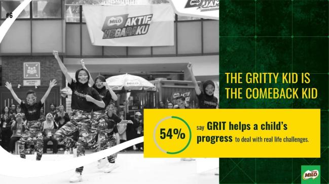 ‘그릿(GRIT)’ 캠페인을 담은  네슬레의 마일로 광고. 영어에서 이를 악문다고 말할 때 ‘grit’이라는 동사를 쓰기도 하며, 불굴의 의지 같은 명사로도 쓰인다. 위부터 시계 방향 ‘댄스’ ‘환호’ ‘축구’ 편 (2020).    필자 제공