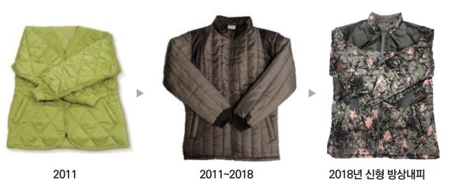 장병들의 병영생활 만족도 향상을 위해 일명 ‘깔깔이’로 불리던 방상내피가 ‘경량 보온 재킷’으로 개선될 전망이다. 사진은 방산내피의 변천 모습.  국방기술품질원 제공