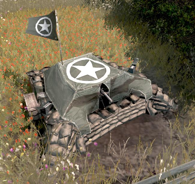 ‘컴퍼니 오브 히어로즈’의 미군 기관총 진지. 나름 탄탄한 엄폐물로 높은 방호도를 자랑하면서 전면의 기관총으로 강한 화력 투사도 가능하지만, 대신 기관총이 닿지 않는 측후방에서의 접근에는 완전히 무력한 모습을 보여준다.  필자 제공