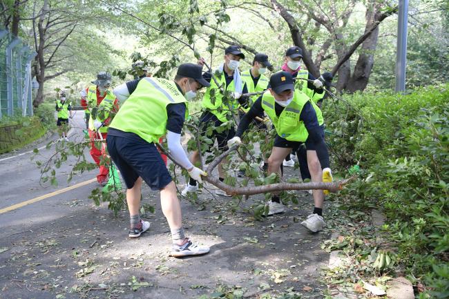 해군진해기지사령부 장병들이 태풍 피해를 입은 지역에 투입돼 복구작업을 펼치고 있다.