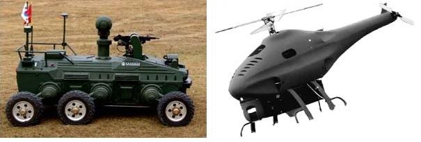 2008년 제3회 군사용 로봇 워크숍에서 선보인 견마형로봇과 소형무인헬기. 국방일보DB