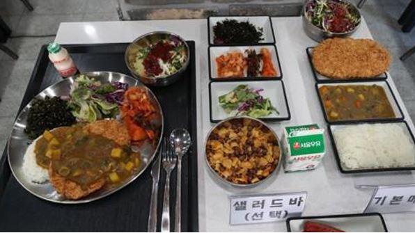 13일 국회 국방위원회의 육군본부에 대한 국정감사에서 선보인 육군32사단 병영식당 병사들의 식단. 연합뉴스