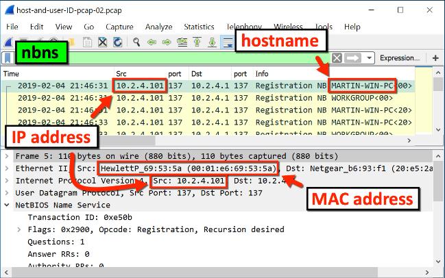 패킷을 분석해 호스트, IP, MAC 주소를 찾아내는 모습.  필자 제공