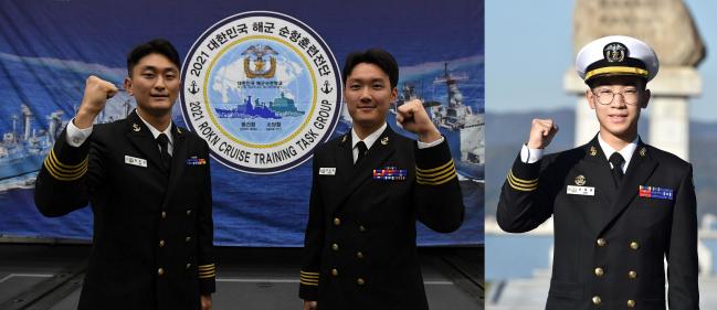 해양수산부가 주최한 ‘2021 JOISS 해양과학 빅데이터 활용 경진대회’에서 동해 오징어 어획량을 AI를 통해 예측해 1등을 수상한 4학년 임정규·박준혁 생도, 3학년 손용비 생도(왼쪽부터).  해사 제공