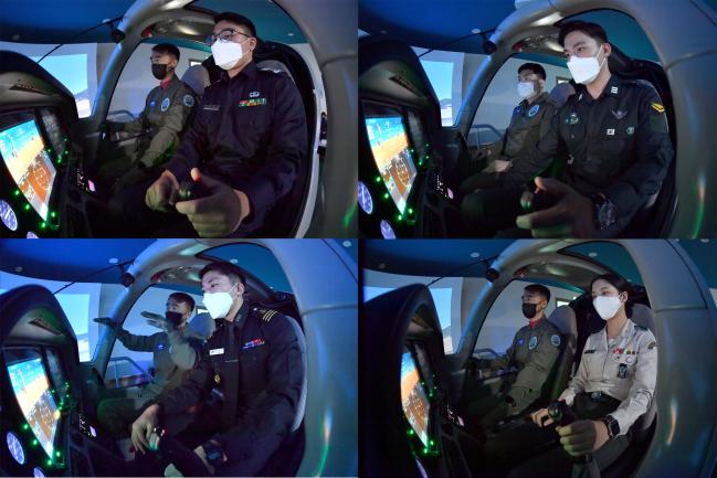 각 군 3학년 사관생도들이 합동교육 중 비행 적성훈련의 하나로 시뮬레이터 체험을 하고 있다.   사진 제공=김경률 원사