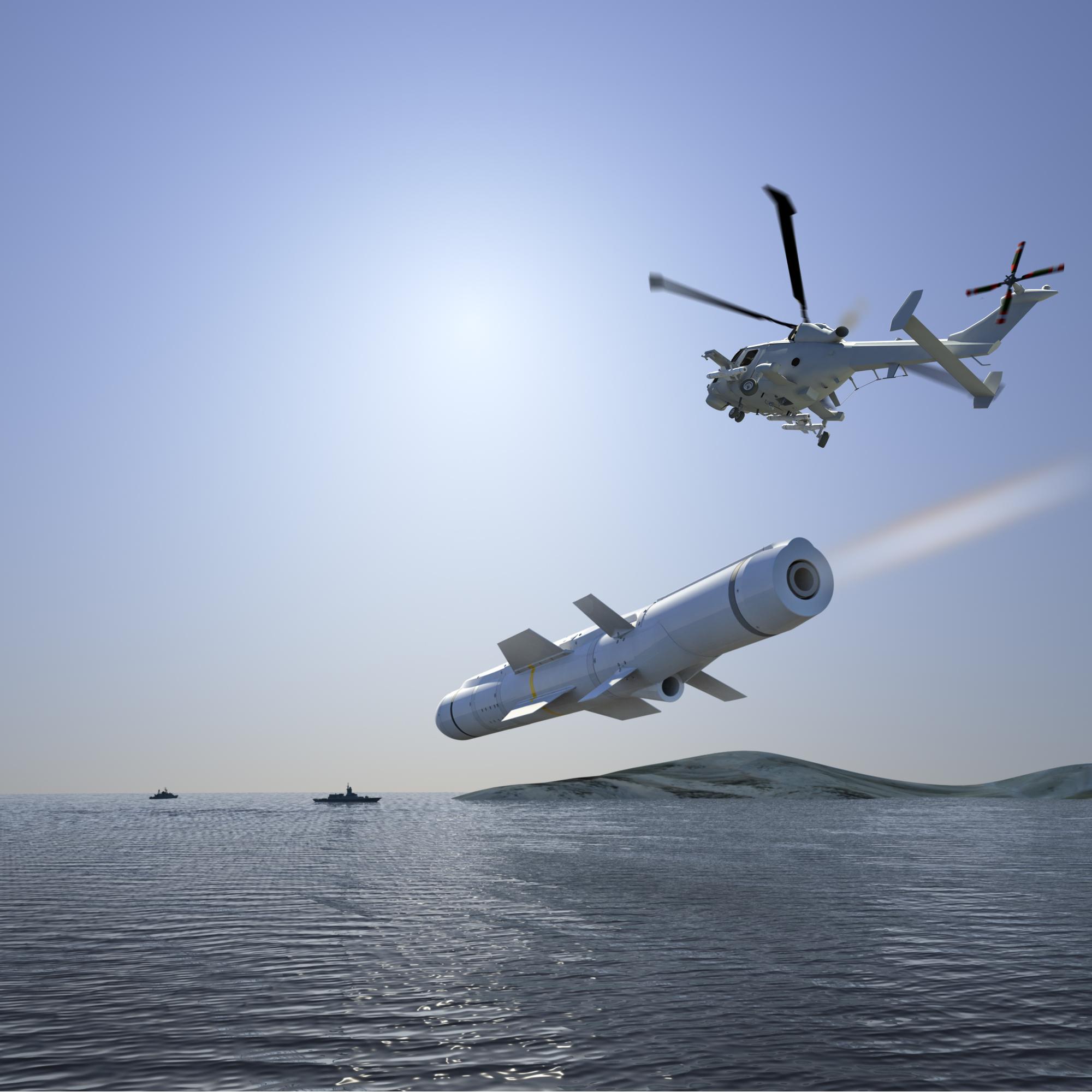 해상작전헬기 와일드캣(AW-159)에서 발사되는 시 베넘(Sea Venom) ANL 미사일. 그래픽 = MBDA사 홈페이지
