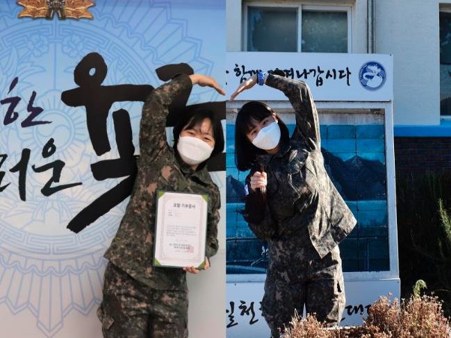 모발 기부에 참여한 육군인사사령부 조수민(왼쪽) 중위(진)와 육군39보병사단 유나현 중위(진)가 각자 부대에서 손하트를 그리고 있다.  부대 제공