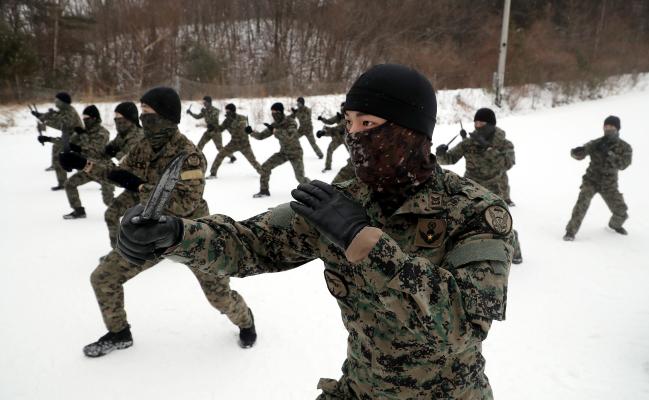 본격적인 설한지 극복 훈련에 앞서 특공무술을 하며 체력과 정신력을 끌어올리는 장병들.