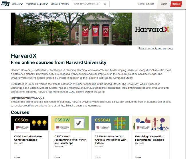 무크 플랫폼 ‘에드엑스(edX)’의 하버드대학 과정 소개 첫 화면. 컴퓨터공학 입문, 프로그램언어, AI 입문 등 기술개론 과목이 인기임을 보여준다.  필자 제공 