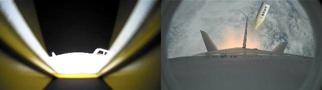 발사에 성공한 고체추진 우주발사체의 페어링(오른쪽 사진)이 분리되는 모습. 왼쪽 사진은 우주(위) 방향, 오른쪽 사진은 지구(아래) 방향으로 찍은 모습. 국방부 제공
