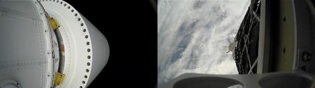 발사에 성공한 고체추진 우주발사체의 B단(오른쪽 사진)이 분리된 모습. 왼쪽 사진은 우주(위) 방향, 오른쪽 사진은 지구(아래) 방향으로 찍은 모습. 국방부 제공