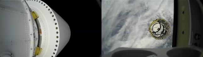 지난달 30일 국방과학연구소 종합시험장에서 발사된 고체 추진 우주발사체에서 더미 위성이 분리되는 모습.  국방부 제공