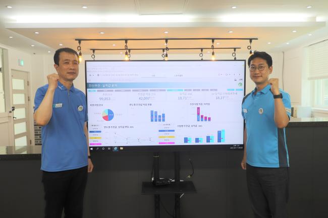 부품 폐기율 빅데이터를 활용해 창 정비 수리부속 수요예측 정확도를 높인 육군종합정비창 공낙균(왼쪽) 사무관과 임규택 사무관이 부품폐기율 최적화를 다짐하며 파이팅을 외치고 있다. 부대 제공