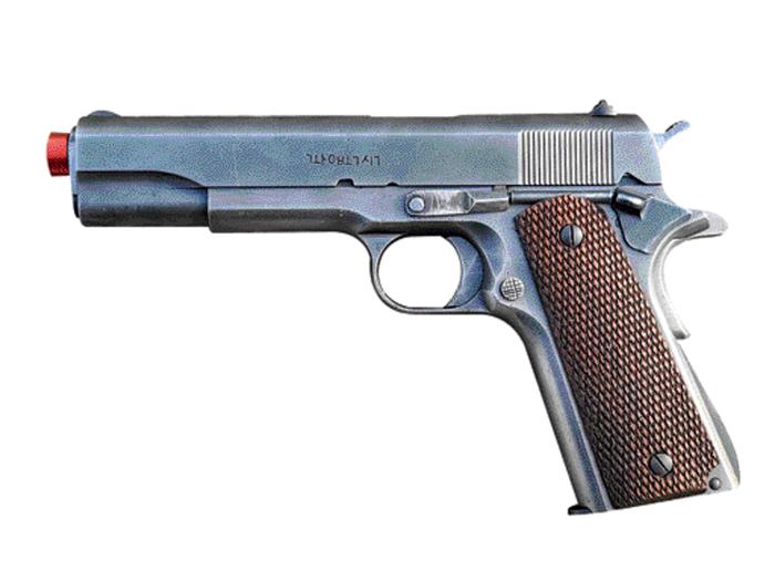 필자가 국산 모형 총기 제작사인 GBLS의 최신 발매품인 전체 강철 가스블로우백 콜트 권총을 개조해서 재현한 ‘광복식’ 권총. 슬라이드 좌측에 ‘광복식’이라는 한글이 눈에 띈다.