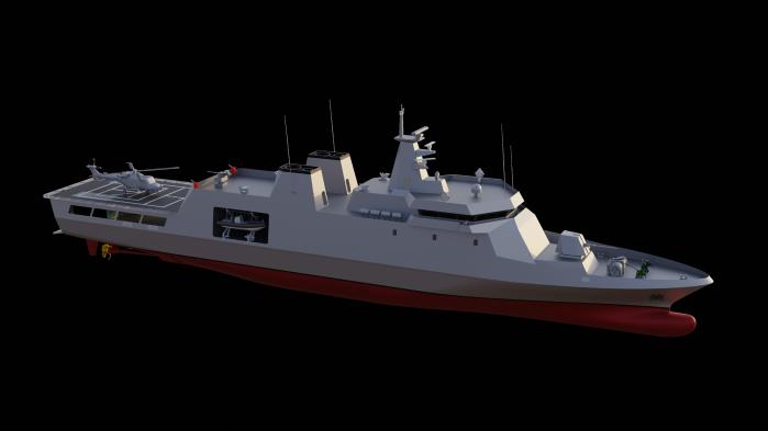 HD현대중공업이 제안하고 있는 원양초계함(OPV) 표준선 이미지. 조선 업계에서는 수출용 표준선을 톤수별로 다양하게 개발해 대량으로 공급하는 전략을 통해 군함 수출을 확대할 수 있을 것으로 내다보고 있다. HD현대중공업 제공