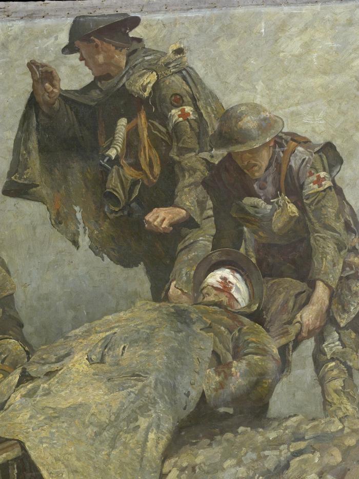 제1차 세계대전 당시 참호에서 부상당한 군인을 들것으로 실어 나르는 영국 육군 의무대원을 그린 길버트 로저스의 작품. 필자 제공